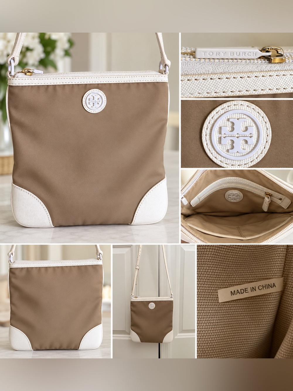 Tory Burch Nylon Crossbody Bag Taupe Beige & Ivory White Adjustable Strap